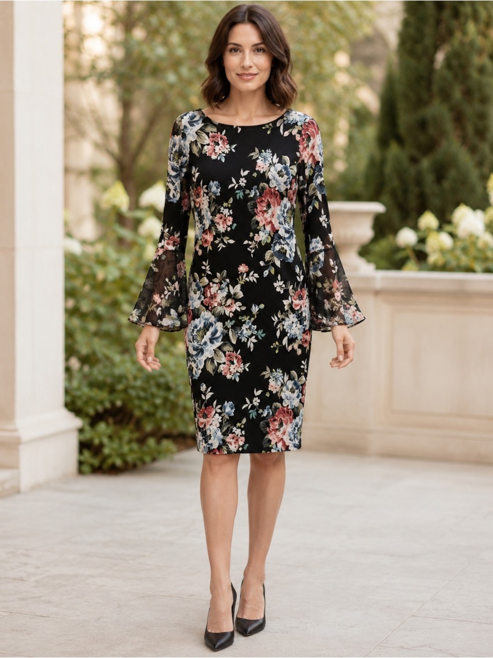 White House Black Market Floral Sheath Dress Vback Bell-sleeve Size S $120